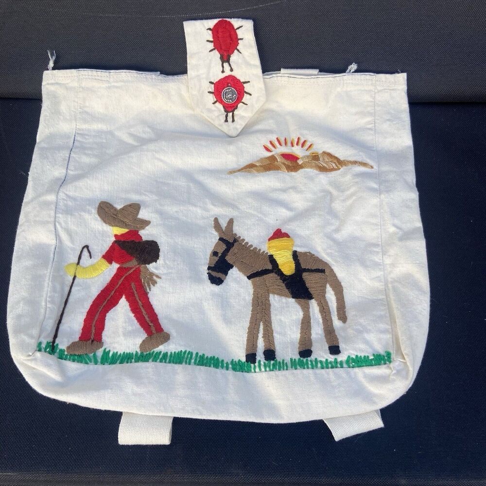 Handmade Embroidered Backpack – Folk Art Donkey & Traveler Scene – Canvas Bag